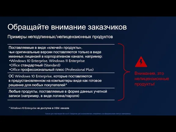 Примеры неподлинных/нелицензионных продуктов Обращайте внимание заказчиков * Windows 10 Enterprise не доступна в OEM-канале