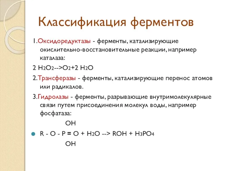 Классификация ферментов 1.Оксидоредуктазы - ферменты, катализирующие окислительно-восстановительные реакции, например каталаза: 2 H2O2-->O2+2