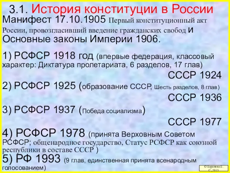 3.1. История конституции в России Манифест 17.10.1905 Первый конституционный акт России, провозгласивший