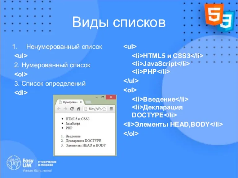 Виды списков Ненумерованный список 2. Нумерованный список 3. Список определений HTML5 и