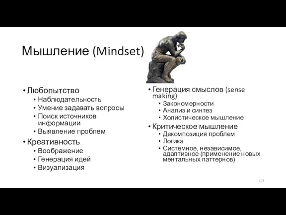 Мышление (Mindset) Любопытство Наблюдательность Умение задавать вопросы Поиск источников информации Выявление проблем