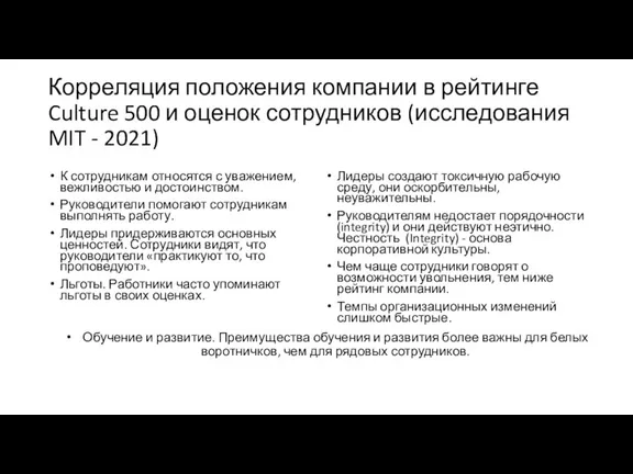 Корреляция положения компании в рейтинге Culture 500 и оценок сотрудников (исследования MIT