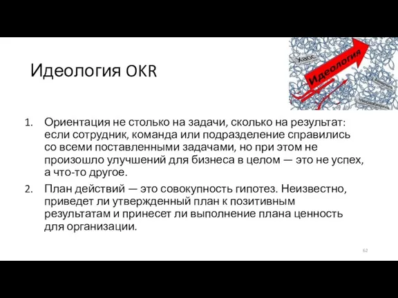 Идеология OKR Ориентация не столько на задачи, сколько на результат: если сотрудник,