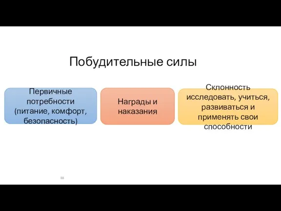 Побудительные силы Первичные потребности (питание, комфорт, безопасность) Награды и наказания Склонность исследовать,