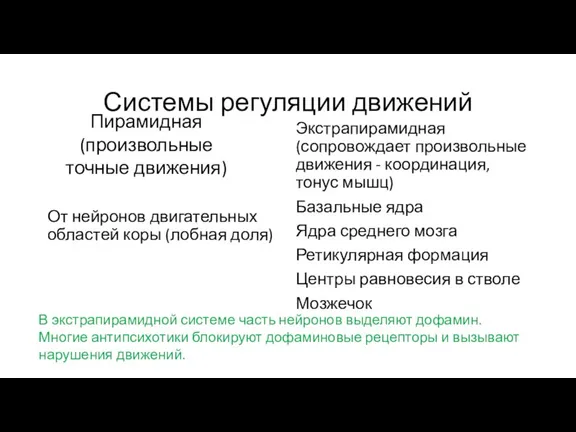 Системы регуляции движений Экстрапирамидная (сопровождает произвольные движения - координация, тонус мышц) Базальные