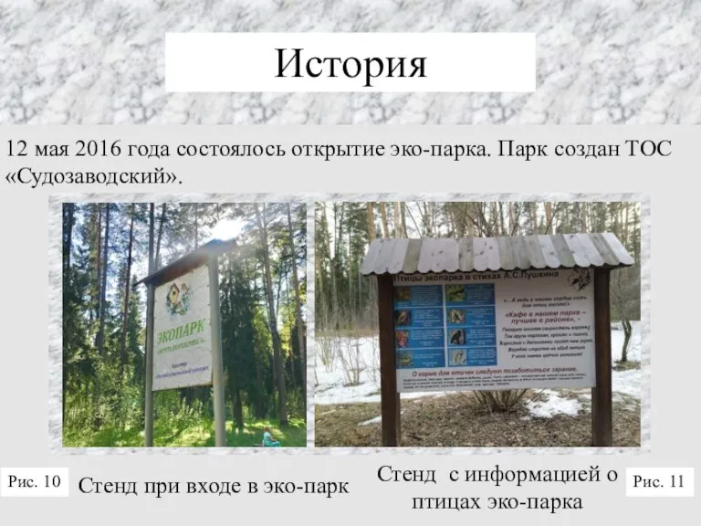 История 12 мая 2016 года состоялось открытие эко-парка. Парк создан ТОС «Судозаводский».