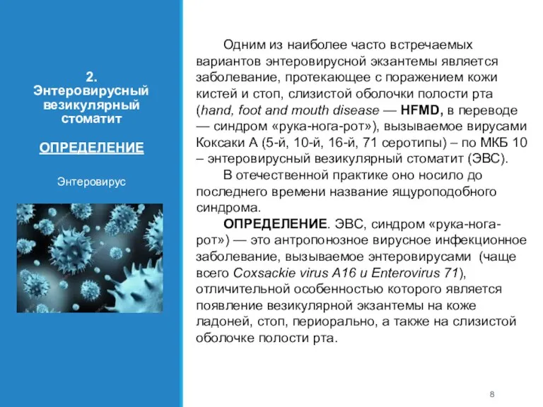 2. Энтеровирусный везикулярный стоматит ОПРЕДЕЛЕНИЕ Энтеровирус Одним из наиболее часто встречаемых вариантов