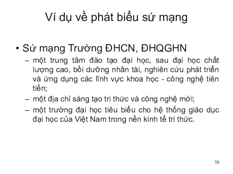 Ví dụ về phát biểu sứ mạng Sứ mạng Trường ĐHCN, ĐHQGHN