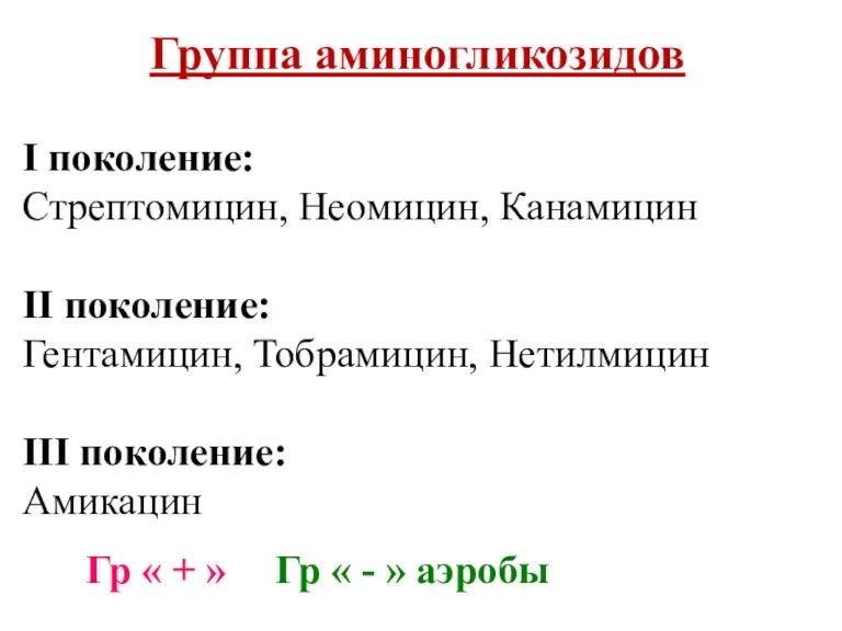 Группа аминогликозидов I поколение: Стрептомицин, Неомицин, Канамицин II поколение: Гентамицин, Тобрамицин, Нетилмицин