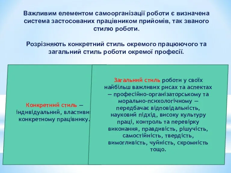 Важливим елементом самоорганізації роботи є визначена система застосованих працівником прийомів, так званого