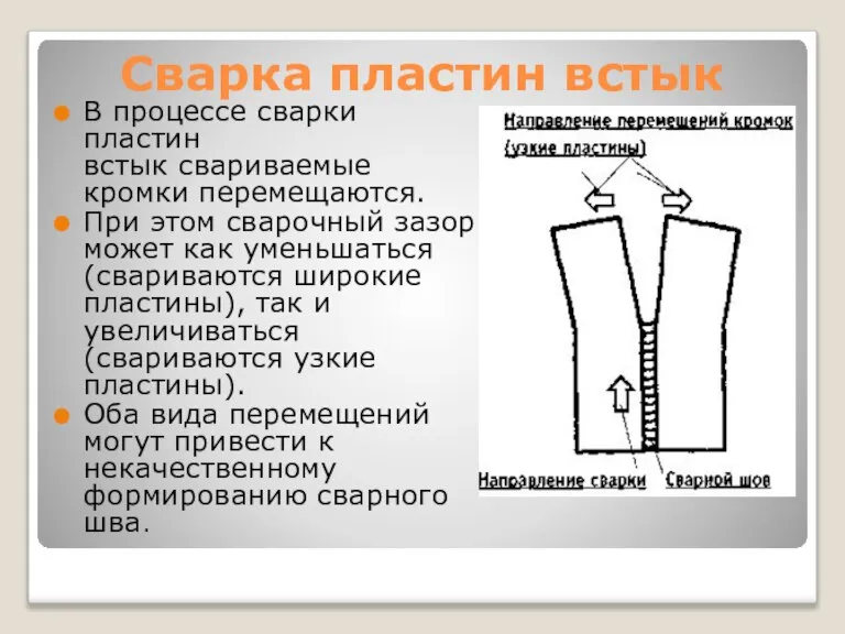 Сварка пластин встык В процессе сварки пластин встык свариваемые кромки перемещаются. При