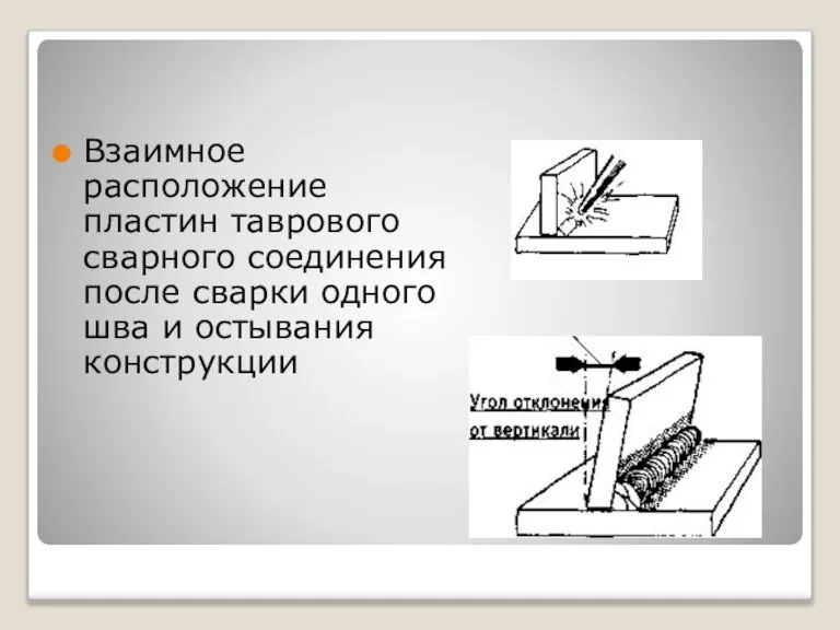 Взаимное расположение пластин таврового сварного соединения после сварки одного шва и остывания конструкции