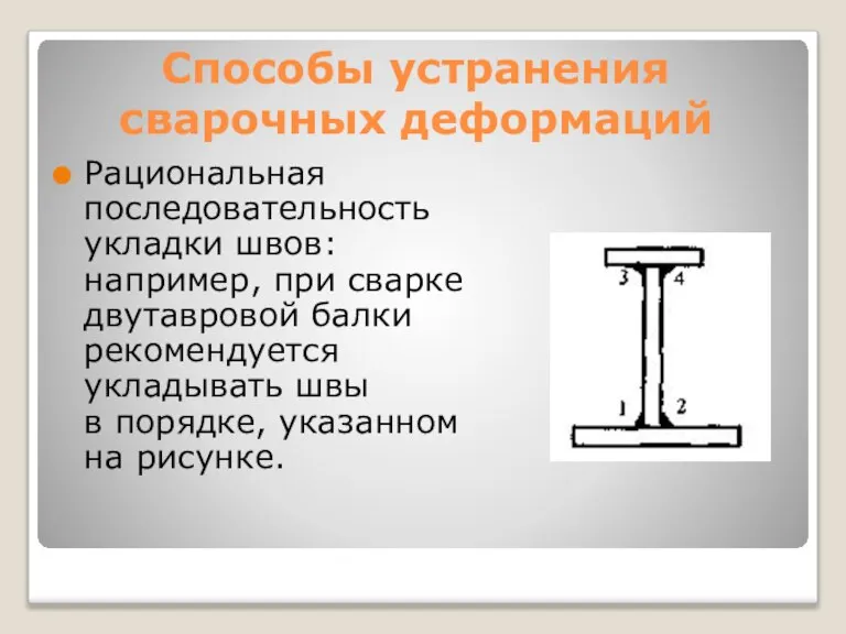 Способы устранения сварочных деформаций Рациональная последовательность укладки швов: например, при сварке двутавровой