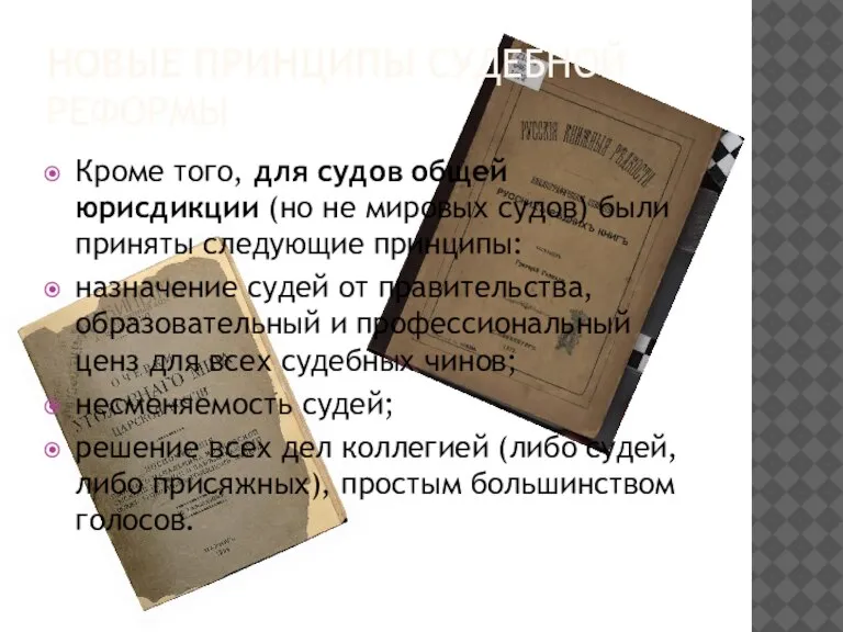 НОВЫЕ ПРИНЦИПЫ СУДЕБНОЙ РЕФОРМЫ Кроме того, для судов общей юрисдикции (но не