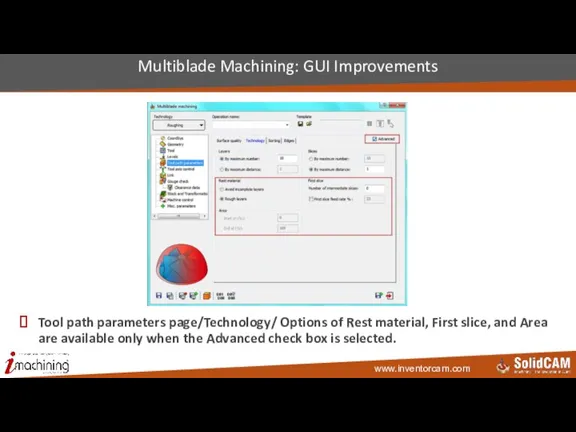 Tool path parameters page/Technology/ Options of Rest material, First slice, and Area