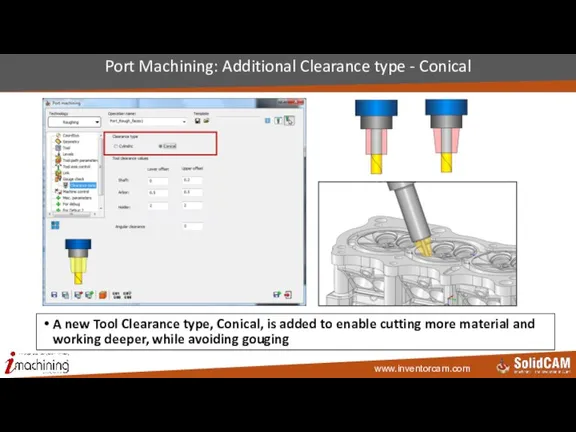 Port Machining: Additional Clearance type - Conical A new Tool Clearance type,