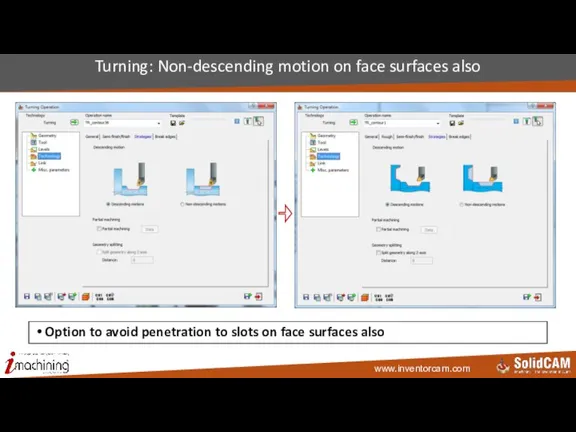 Turning: Non-descending motion on face surfaces also Option to avoid penetration to