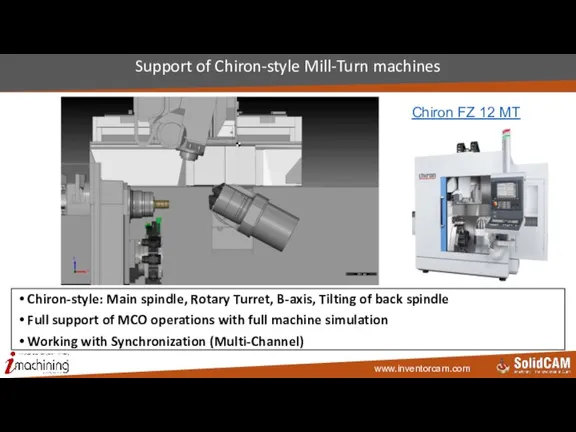 Support of Chiron-style Mill-Turn machines Chiron-style: Main spindle, Rotary Turret, B-axis, Tilting