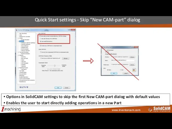 Quick Start settings - Skip “New CAM-part” dialog Options in SolidCAM settings