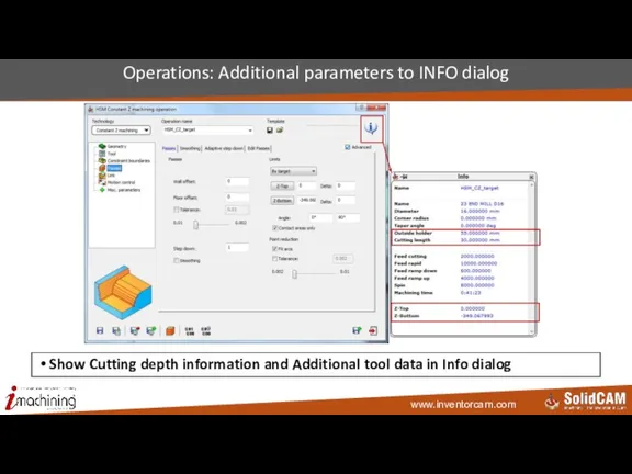 Operations: Additional parameters to INFO dialog Show Cutting depth information and Additional