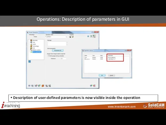 Operations: Description of parameters in GUI Description of user-defined parameters is now visible inside the operation