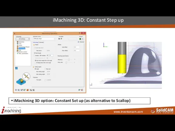 iMachining 3D: Constant Step up iMachining 3D option: Constant Set up (as alternative to Scallop)