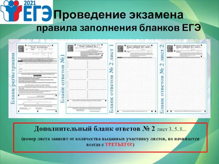 Проведение экзамена правила заполнения бланков ЕГЭ Дополнительный бланк ответов № 2 лист