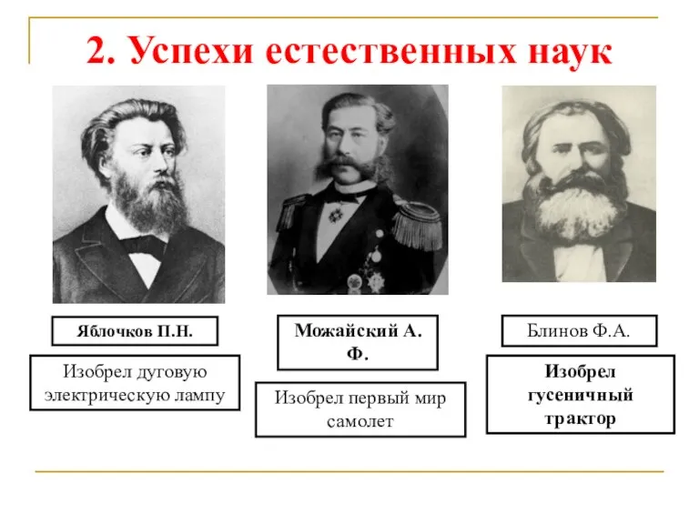 2. Успехи естественных наук Яблочков П.Н. Изобрел дуговую электрическую лампу Можайский А.Ф.