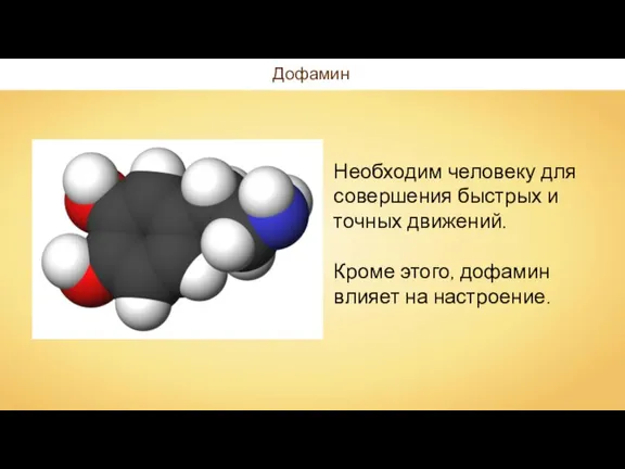 Дофамин Необходим человеку для совершения быстрых и точных движений. Кроме этого, дофамин влияет на настроение.