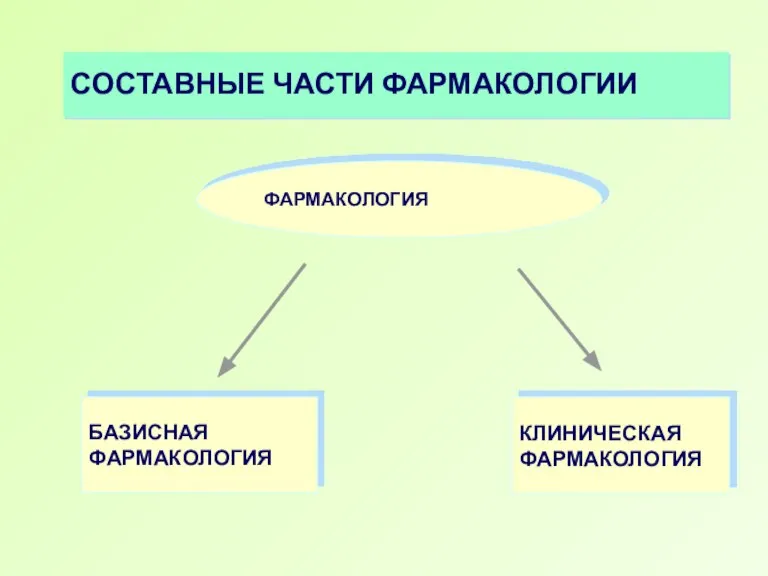 СОСТАВНЫЕ ЧАСТИ ФАРМАКОЛОГИИ БАЗИСНАЯ ФАРМАКОЛОГИЯ КЛИНИЧЕСКАЯ ФАРМАКОЛОГИЯ ФАРМАКОЛОГИЯ