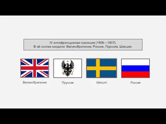 IV антифранцузская коалиция (1806—1807). В её состав входили: Великобритания, Россия, Пруссия, Швеция. Великобритания Швеция Россия Пруссия
