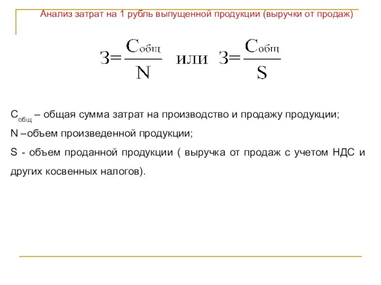 Анализ затрат на 1 рубль выпущенной продукции (выручки от продаж) Собщ –