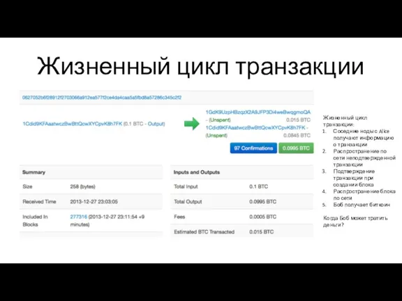 Жизненный цикл транзакции Жизненный цикл транзакции: Соседние ноды с Alice получают информацию