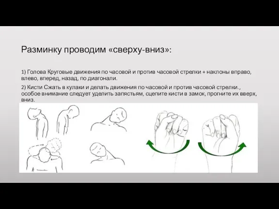 Разминку проводим «сверху-вниз»: 1) Голова Круговые движения по часовой и против часовой