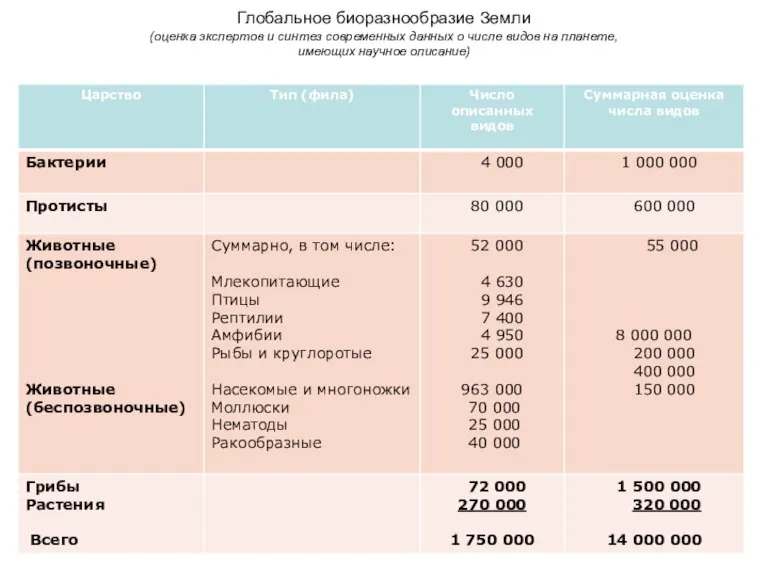 Глобальное биоразнообразие Земли (оценка экспертов и синтез современных данных о числе видов