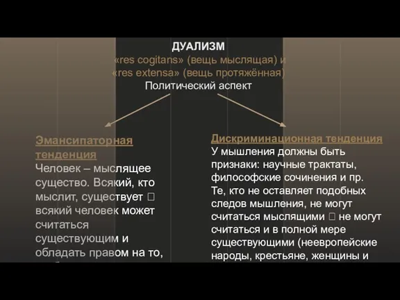 Эмансипаторная тенденция Человек – мыслящее существо. Всякий, кто мыслит, существует ? всякий