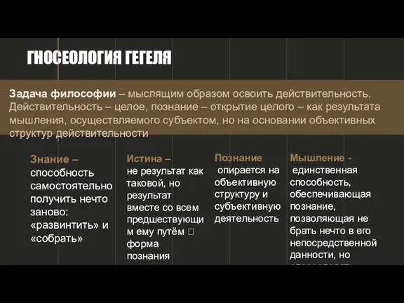 ГНОСЕОЛОГИЯ ГЕГЕЛЯ Знание – cпособность самостоятельно получить нечто заново: «развинтить» и «собрать»