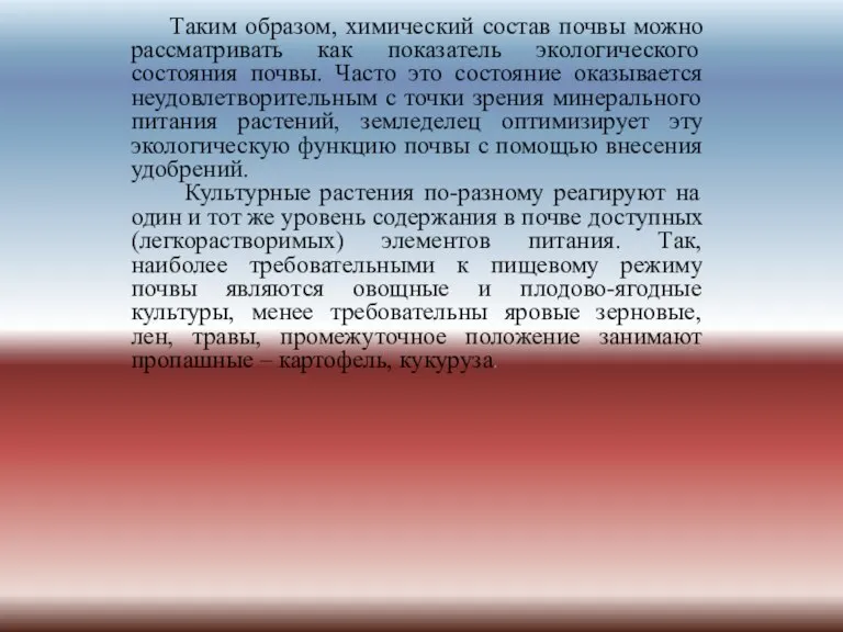 Таким образом, химический состав почвы можно рассматривать как показатель экологического состояния почвы.