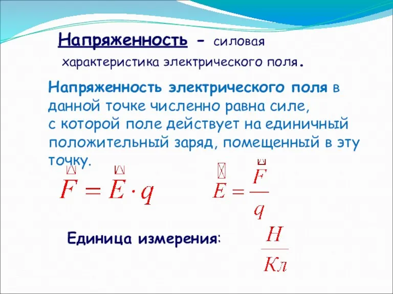 Напряженность электрического поля в данной точке численно равна силе, с которой поле