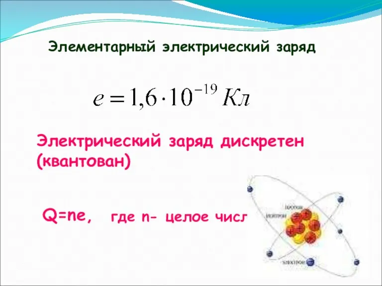 Элементарный элeктрический заряд Электрический заряд дискретен (квантован) Q=ne, где n- целое число.