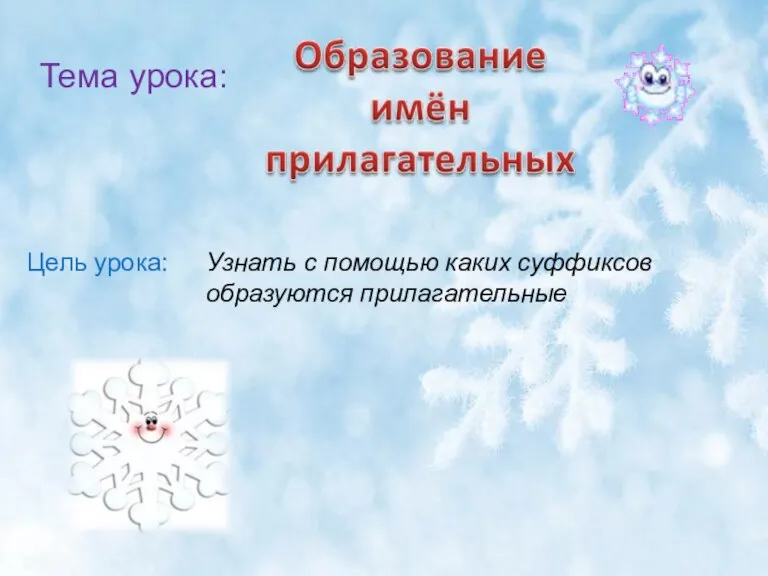 Тема урока: Цель урока: Узнать с помощью каких суффиксов образуются прилагательные