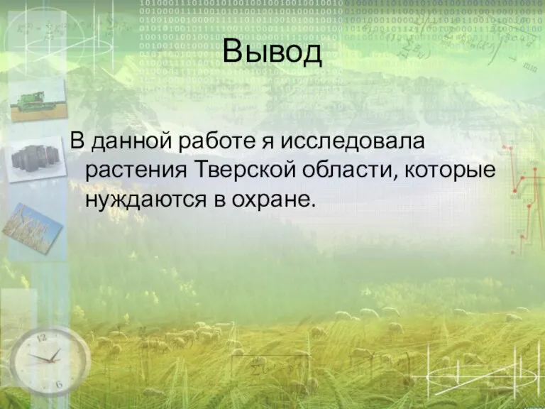 Вывод В данной работе я исследовала растения Тверской области, которые нуждаются в охране.