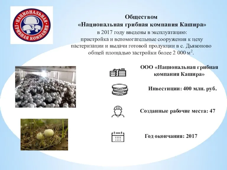 Обществом «Национальная грибная компания Кашира» в 2017 году введены в эксплуатацию: пристройка