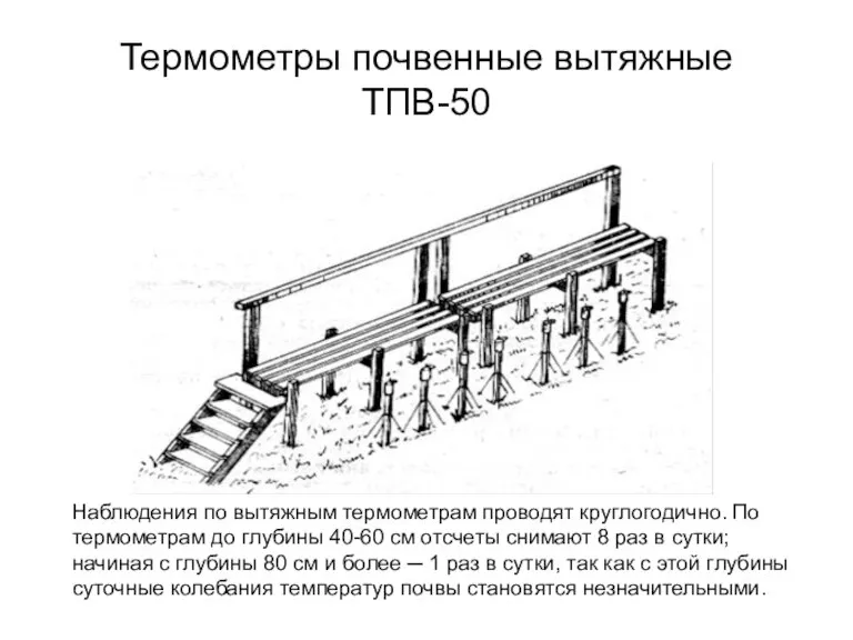 Термометры почвенные вытяжные ТПВ-50 Наблюдения по вытяжным термометрам проводят круглогодично. По термометрам