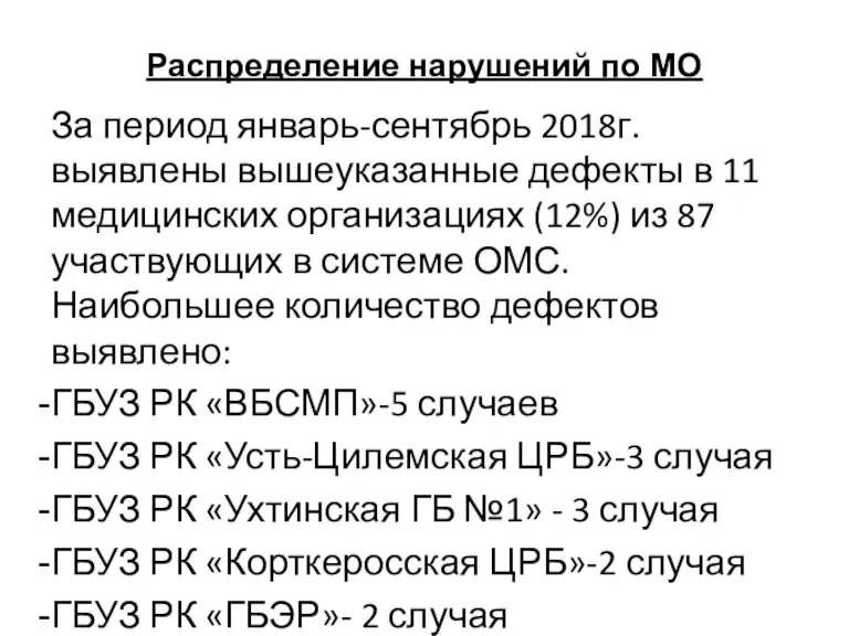 Распределение нарушений по МО За период январь-сентябрь 2018г. выявлены вышеуказанные дефекты в