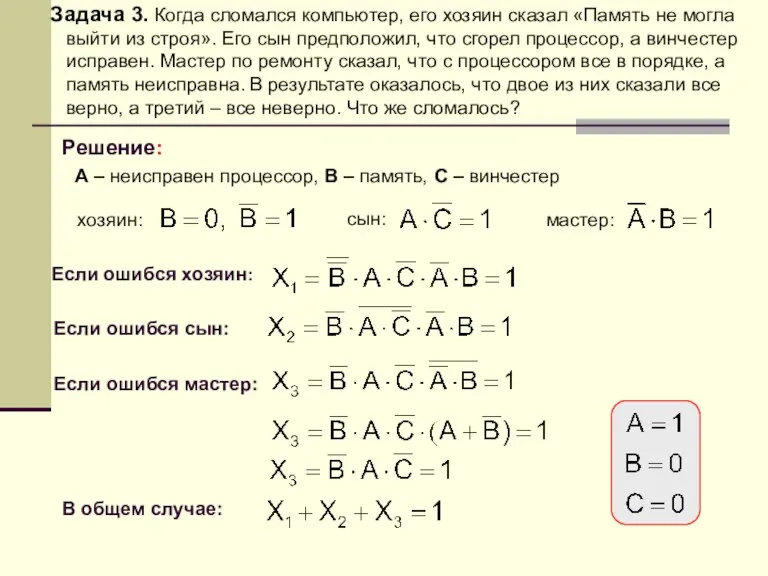 Задача 3. Когда сломался компьютер, его хозяин сказал «Память не могла выйти