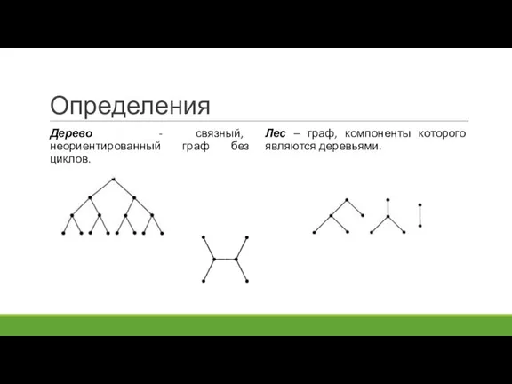 Определения Дерево - связный, неориентированный граф без циклов. Лес – граф, компоненты которого являются деревьями.