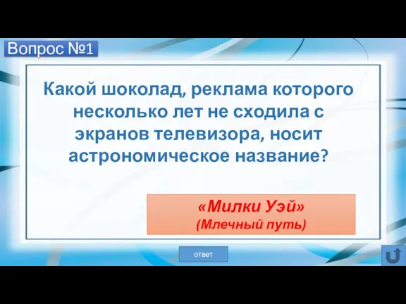 Вопрос №1 Какой шоколад, реклама которого несколько лет не сходила с экранов