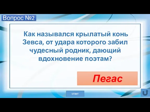 Вопрос №2 Как назывался крылатый конь Зевса, от удара которого забил чудесный