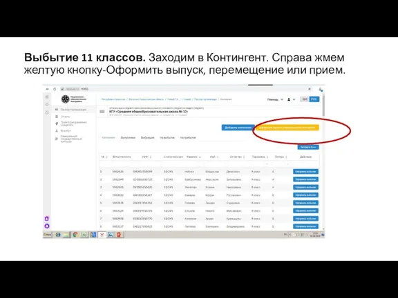 Выбытие 11 классов. Заходим в Контингент. Справа жмем желтую кнопку-Оформить выпуск, перемещение или прием.